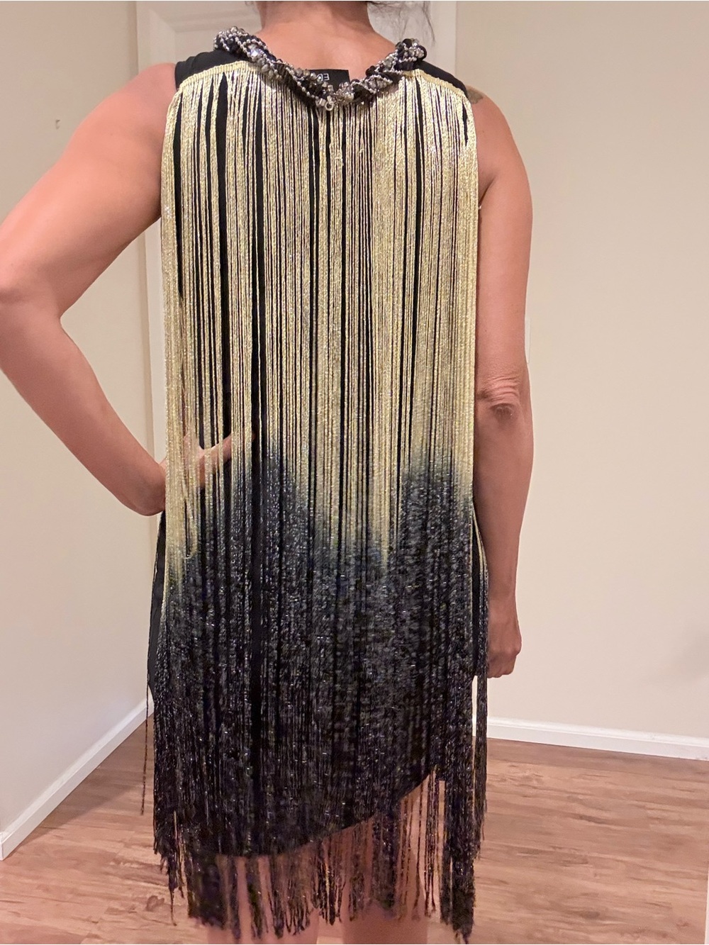 Black Mini Dress with Gold Fringe Detailing